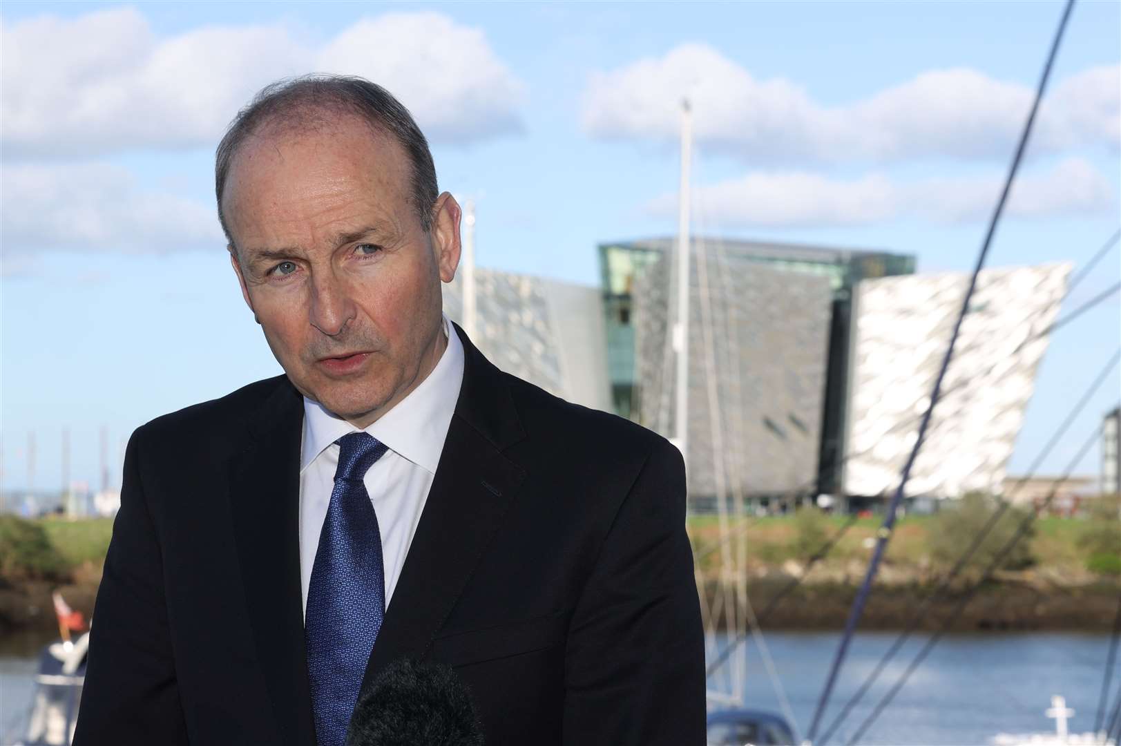 Micheal Martin speaking to the media outside SSE Arena Belfast as he carries out engagements in the city (Liam McBurney/PA)