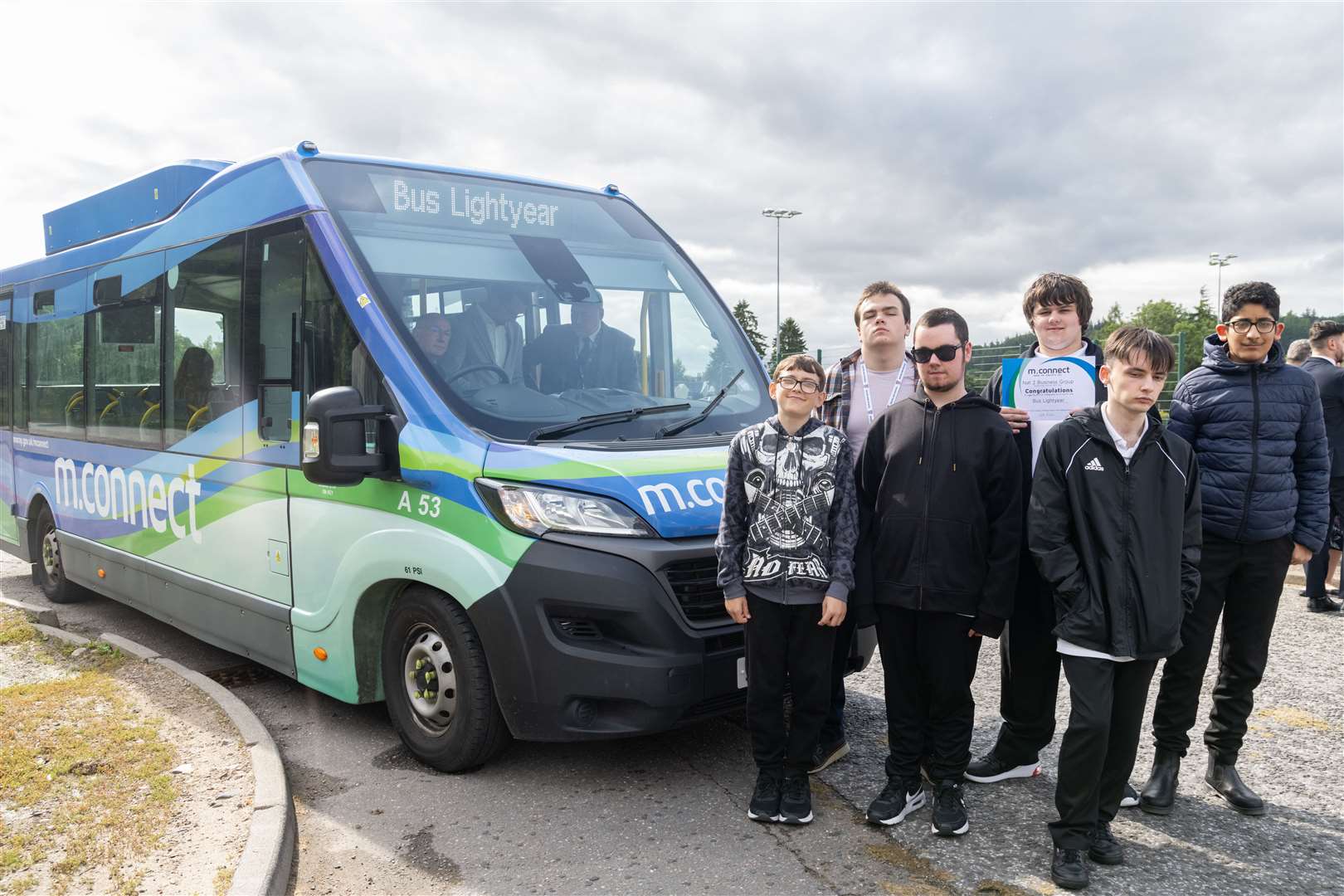 National 2 Business Group from Buckie High School's SED base, who suggested winning bus name Bus Lightyear...Picture: Beth Taylor.