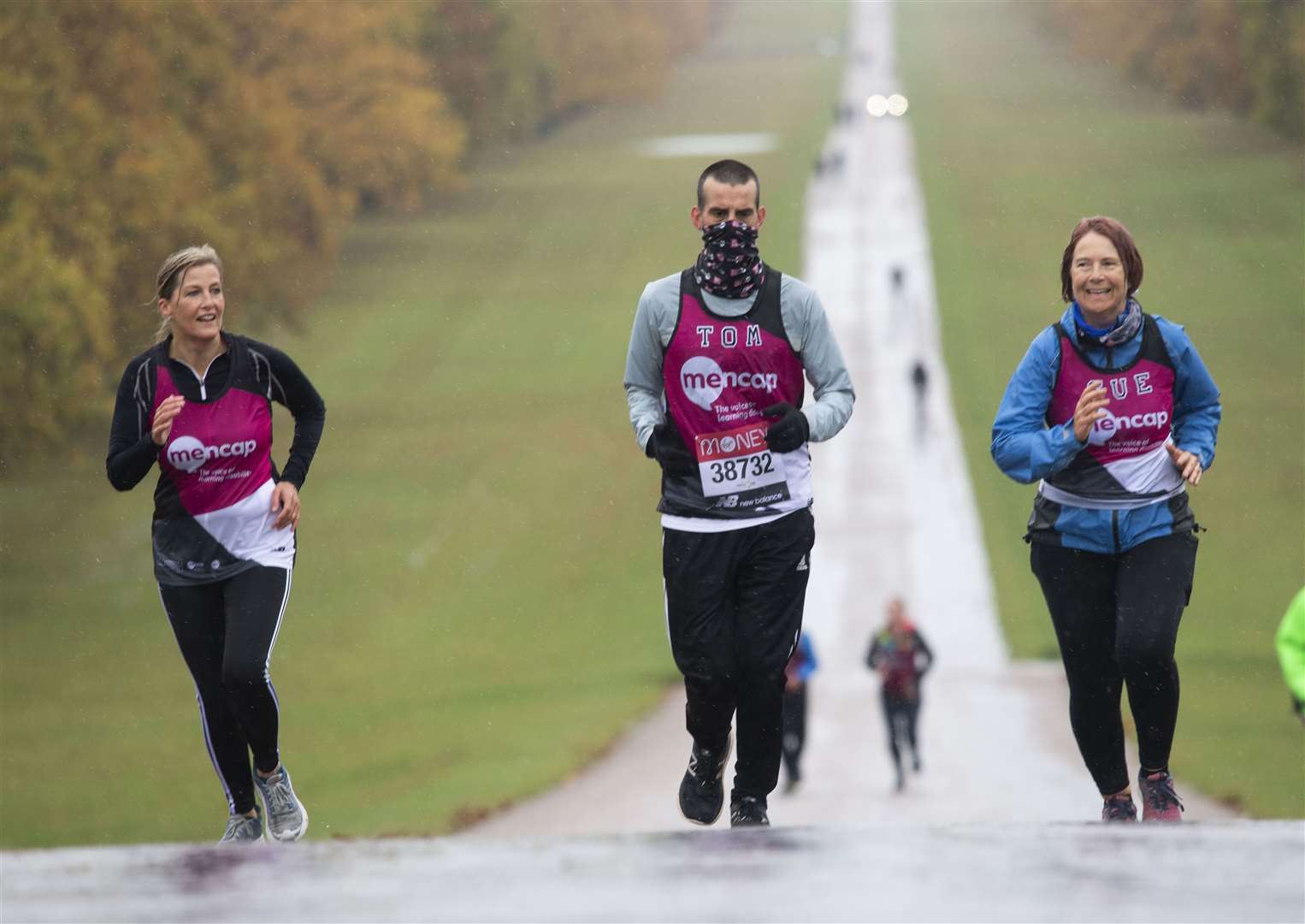 The Countess of Wessex joined Tomas Cardillo-Zallo, a member of Mencap’s learning disability running team, and his mother Sue, for the first 1.5 miles of their virtual London Marathon on the Long Walk in Windsor (David Rose/The Daily Telegraph/PA)