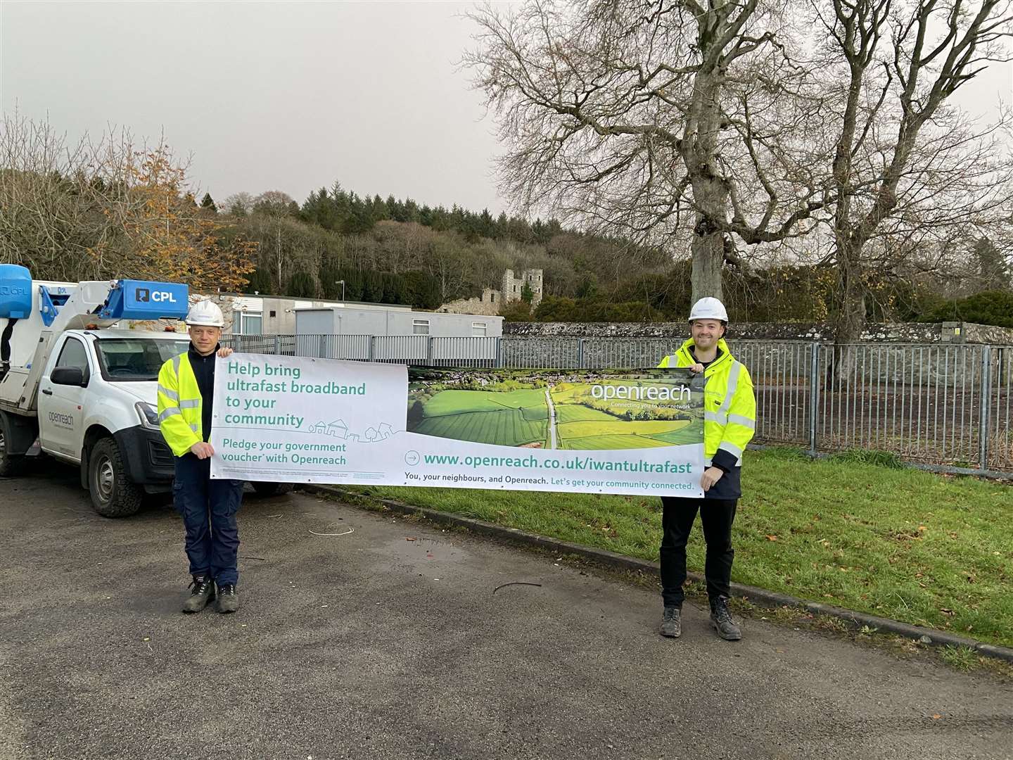 Local engineers Jake Hynes and Steven Cowie launch the broadband campaign in Ellon.