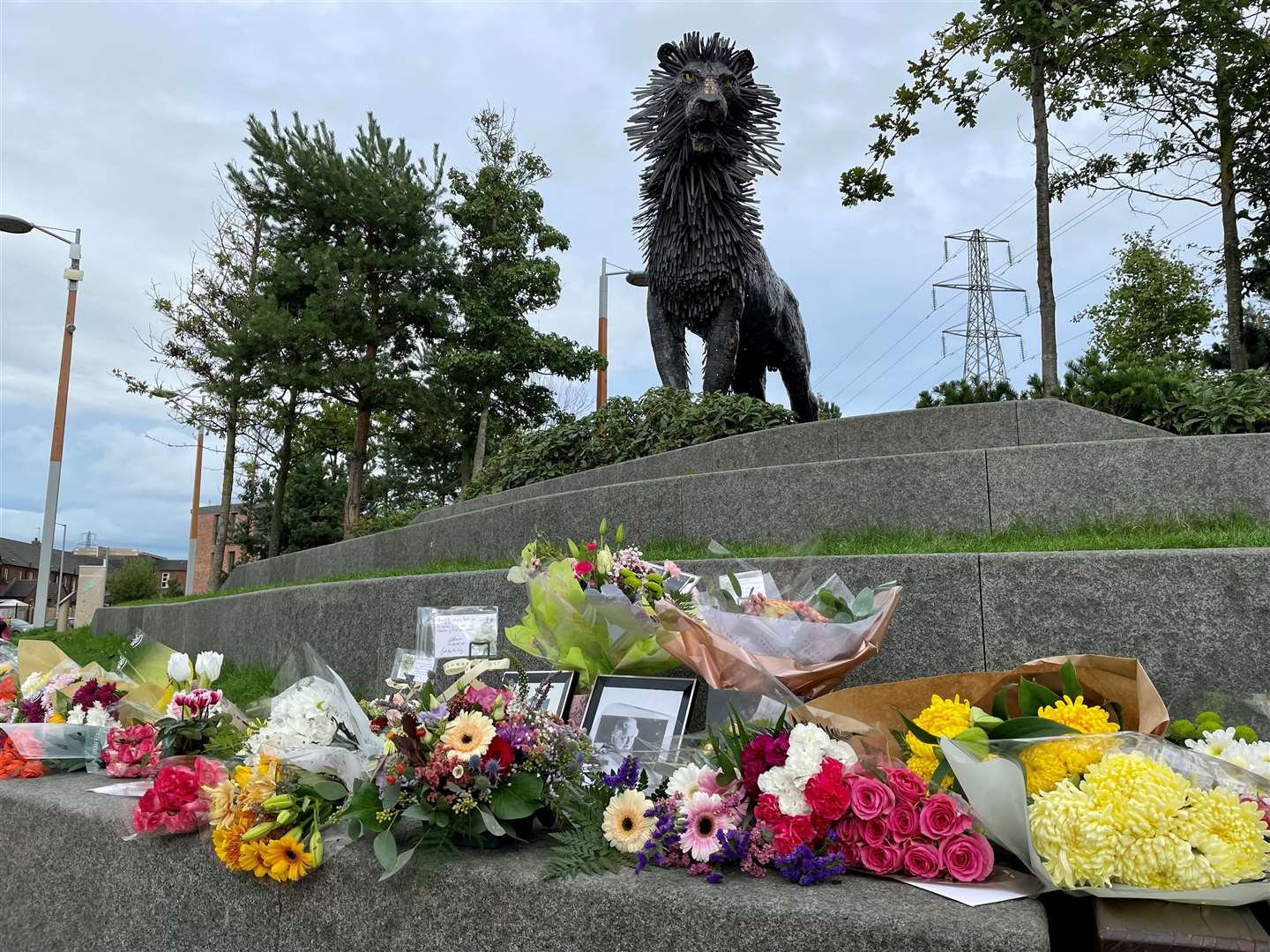Flowers left at the statue of Aslan the lion at CS Lewis Square in east Belfast (David Young/PA)
