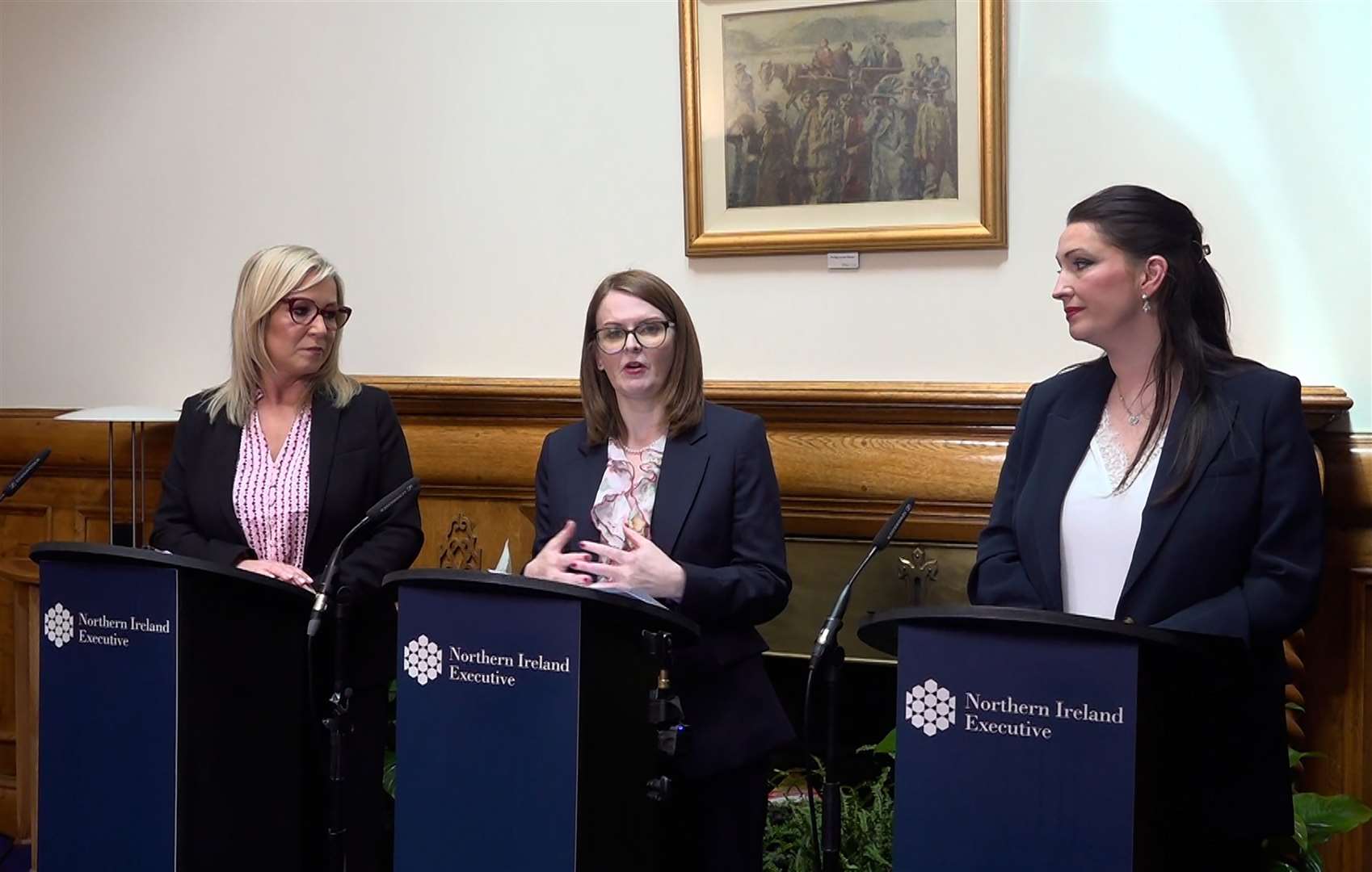 First Minister Michelle O’Neill (left) deputy First Minister Emma Little-Pengelly (right) and Finance Minister Caoimhe Archibald announce details of Stormont’s budget (David Young/PA)