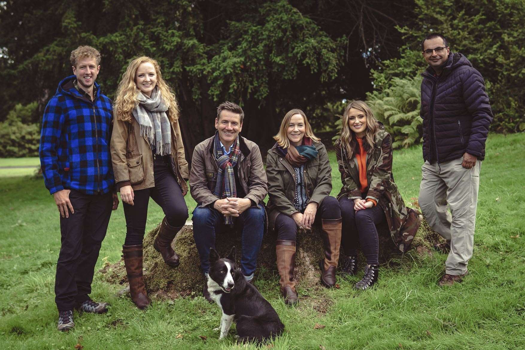 Landward presenters Cammy Wilson, Rosie Morton, Dougie Vipond, Arlene Stuart, Anne McAlpine, Shahbaz Majeed with Cammy's sheepdog Meg