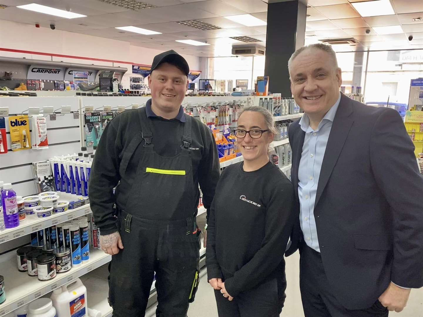 Richard Lochhead, who is now Small Business, Innovation and Trade minister, with Keirin and Clare Kellas at Keith Motorist DIY.
