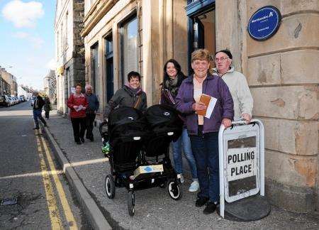 Voters outside the Stewart's Hall polling station in Huntly. (Photo by Lyn MacDonald)