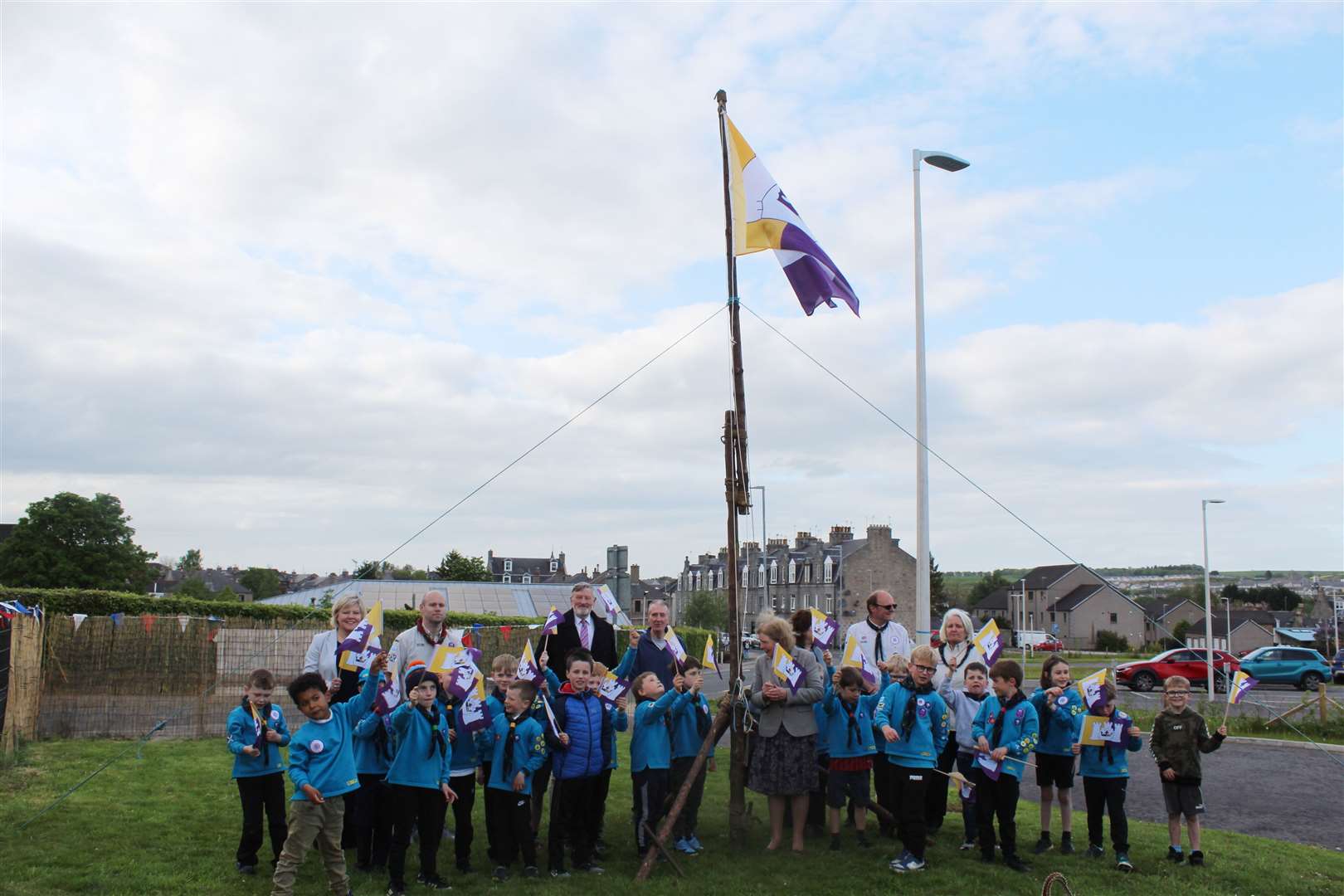 Inverurie Beavers with invited guests depute Lord Lieutenant Clare Thoragood and Aberdeenshire provost Judy Whyte at the newAberdeenshire flag-raising ceremony at Inverurie Scout hut, Victoria street this week. Picture: Griselda McGregor