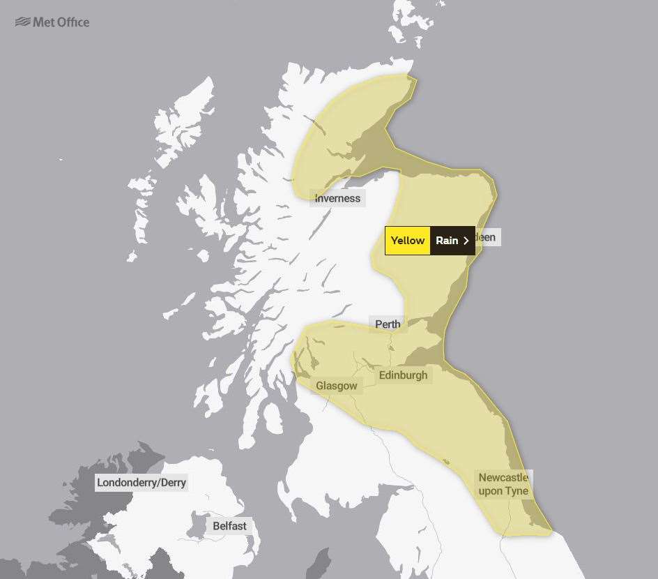 The Met Office has updated its yellow weather warning for heavy rain.