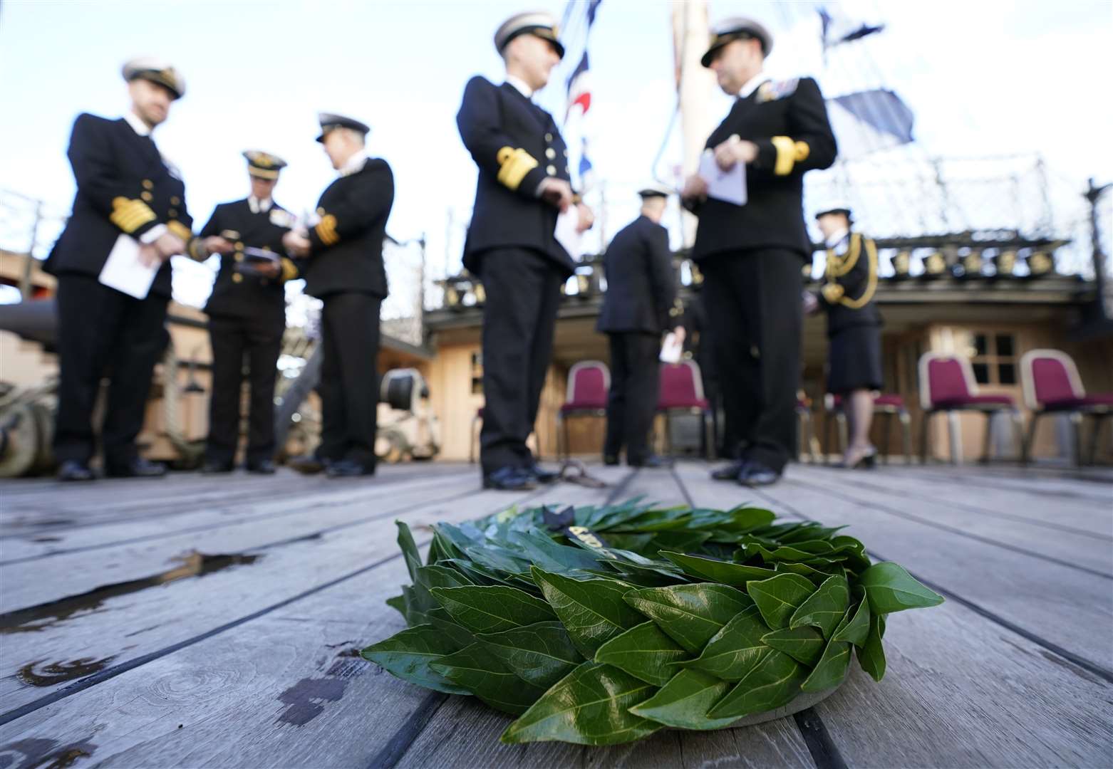 A wreath rests at the spot where Admiral Lord Nelson was shot and fell at the battle of Trafalgar, after a ceremony onboard HMS Victory in Portsmouth to mark the 216th anniversary of the Battle of Trafalgar (Andrew Matthews/PA)