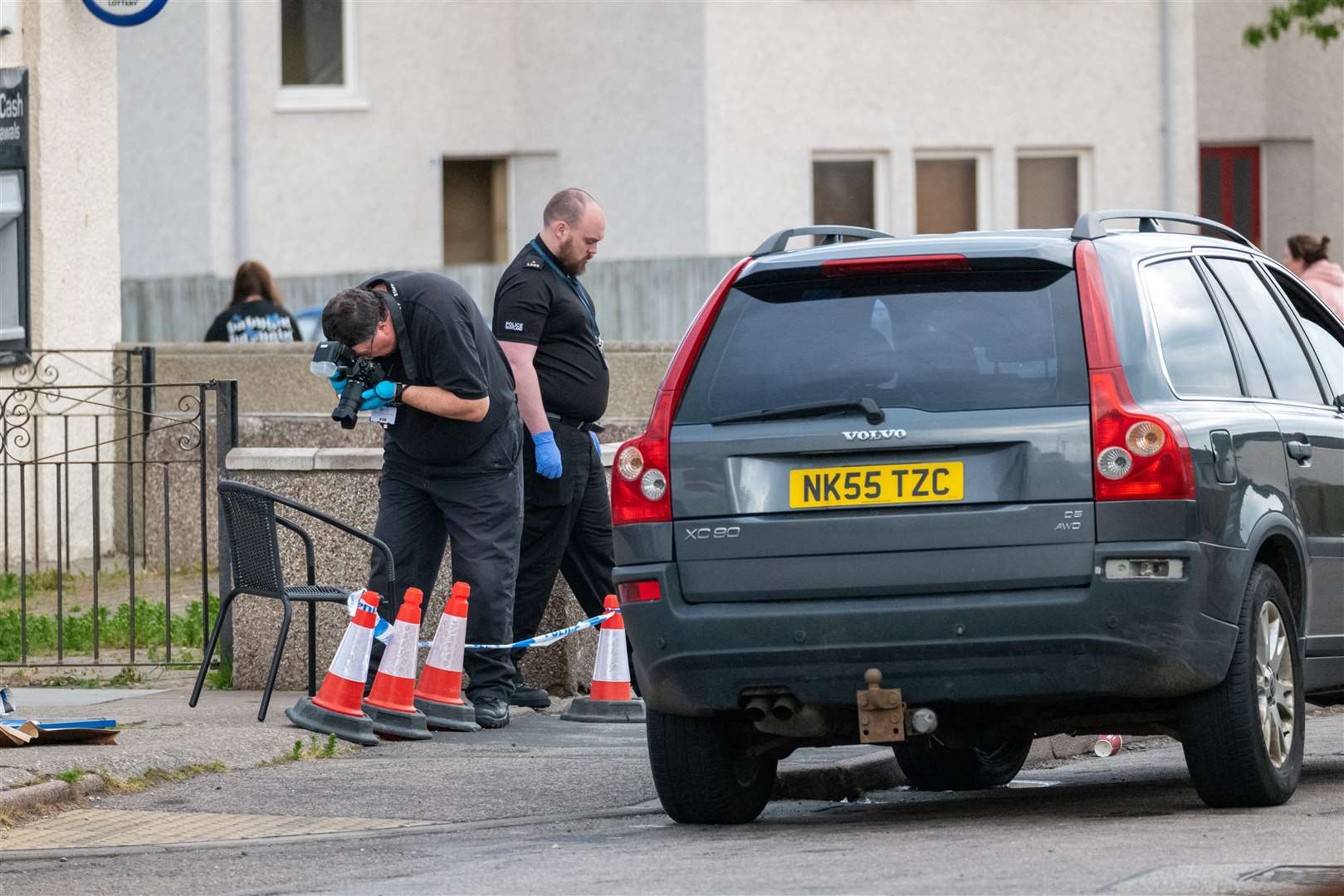 This is the scene of an alleged stabbing of a woman outside Scotmid Store. The Police also had an interest in the Volvo Car and a bike. Picture: Jasperimage