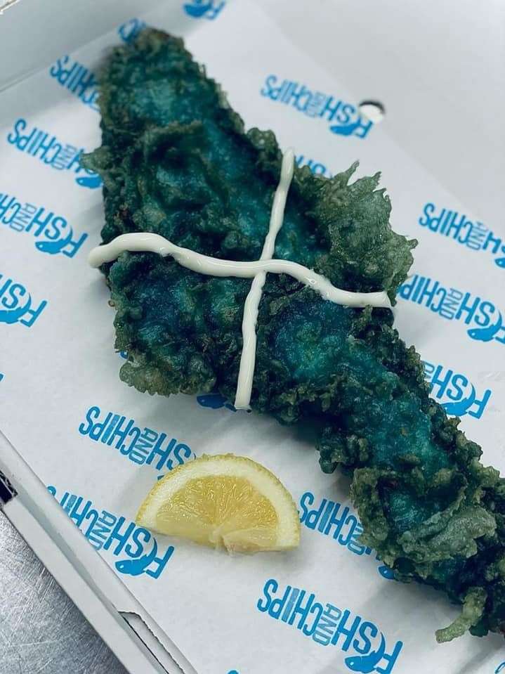 The Saltire suppers are created by using blue food colouring in the batter and tartare sauce.