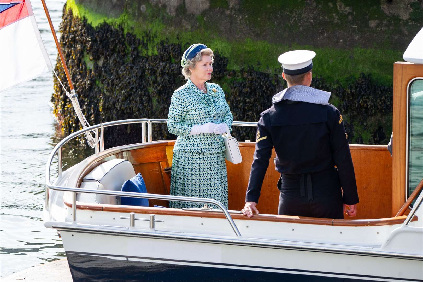Imelda Staunton, who plays Queen Elizabeth II, during filming at Macduff harbour. Picture: Daniel Forsyth.