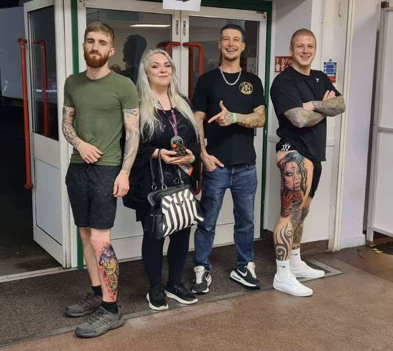 Shannon Chalmers with client Callum Jordan and Shaun Doherty (second right) along with client Michael Crane at the Halloween Tattoo Bash. Picture: Zen Ink