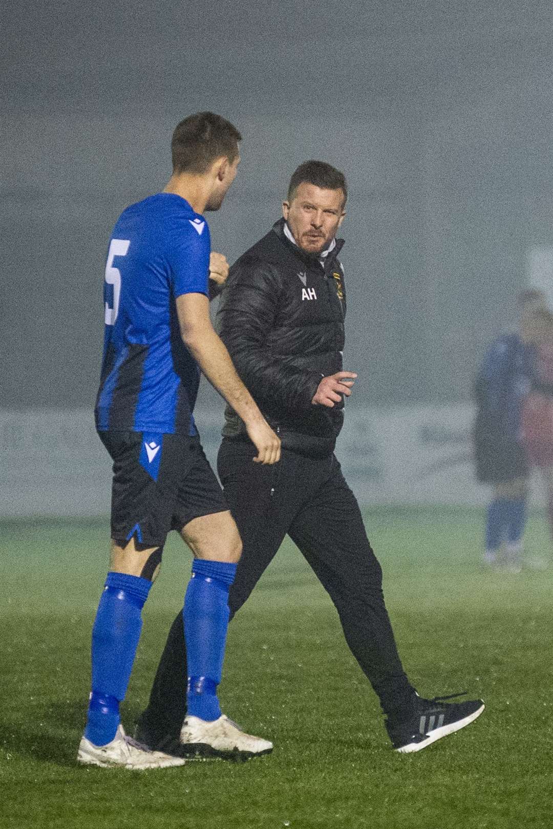Huntly manager Allan Hale and centre back Michael Clark. Picture: Daniel Forsyth