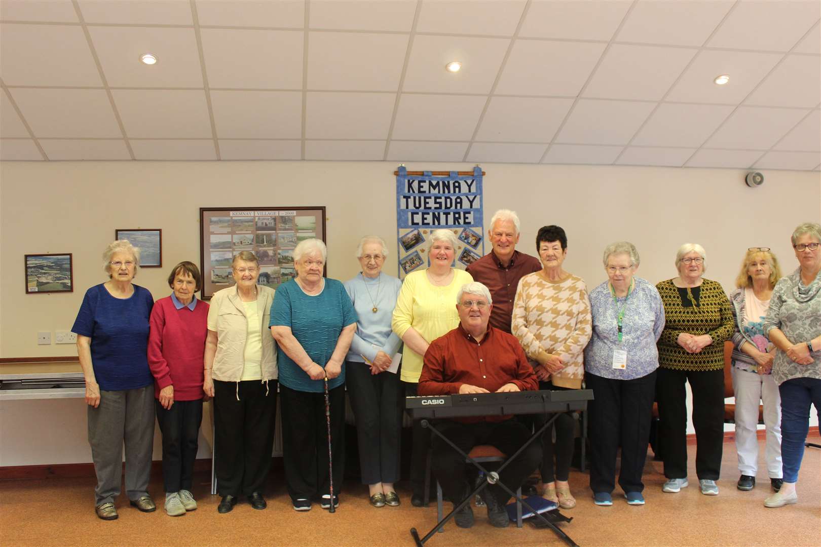 Friends in Harmony entertainers Ian Dow (keyboard), Eva Will and Ian Booth with members of the Tuesday centre in the Frienship room, Kemnay village hall earlier this week. Picture: Griselda McGregor