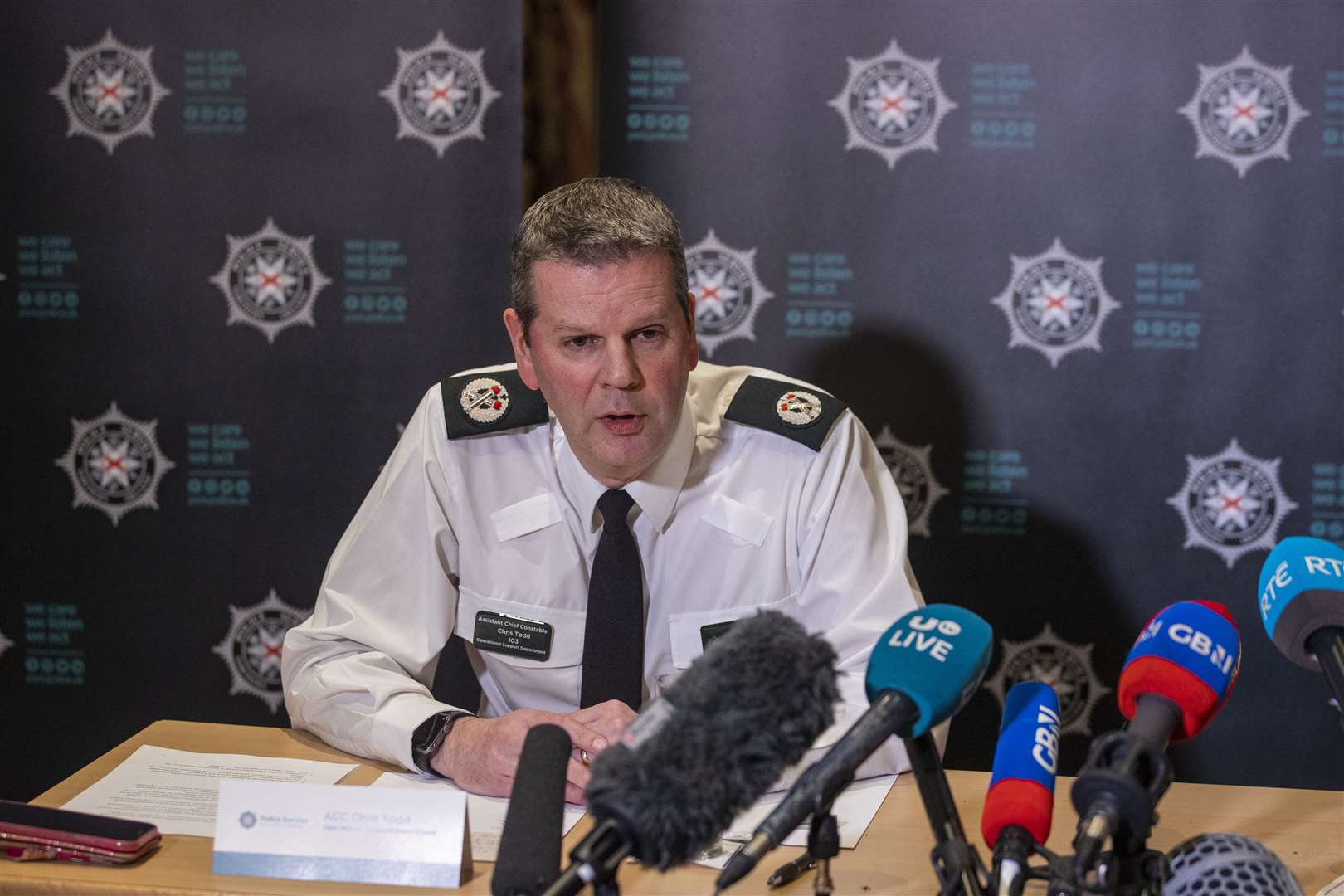 Police Service of Northern Ireland Assistant Chief Constable Chris Todd, from the Operational Support Department, during a briefing at the Stormont Hotel in Belfast (Liam McBurney/PA)