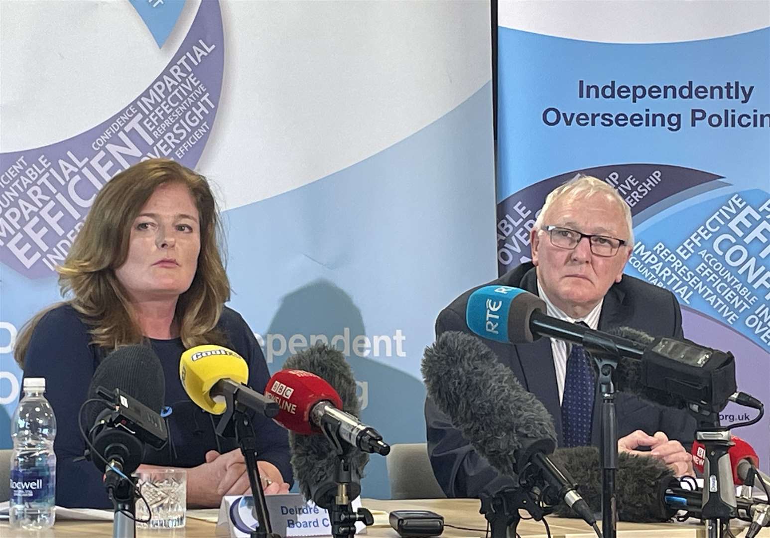 Northern Ireland Policing Board chair Deirdre Toner and vice chair Edgar Jardine announce PSNI Chief Constable Simon Byrne has resigned (Rebecca Black/PA)