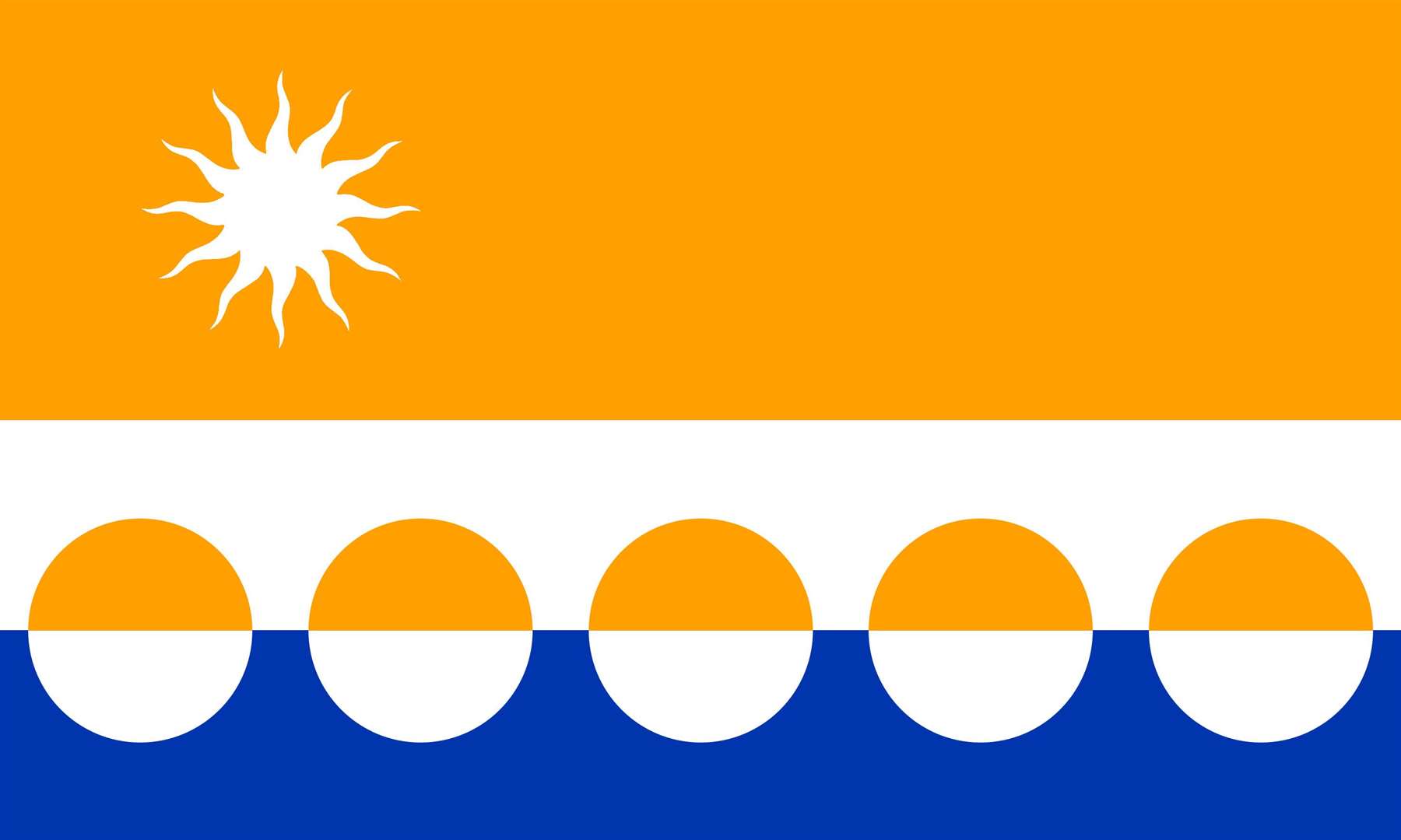 The white horizontal band recalls the bridges that are emblematic of the county. The blue colour can represent both the rivers and the sea, while the golden-orange below the bridge represents the whisky made from the county's waters and above the bridge the sun symbolises the natural sunsets and agriculture.