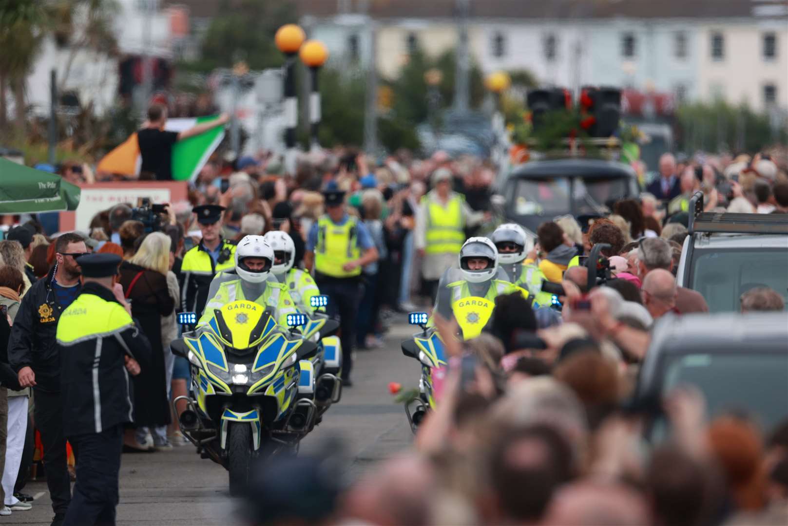Mounted garda clear the way ahead of the hearse bearing Sinead O’Connor’s body (Liam McBurney/PA)