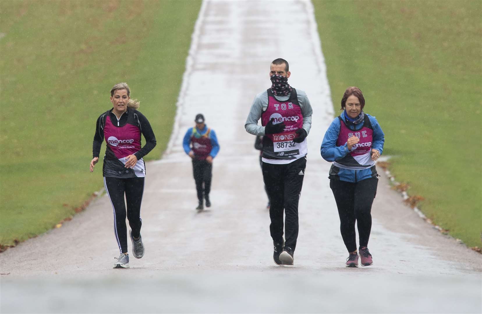 The Countess of Wessex (left) joined Tomas Cardillo-Zallo and his mother Sue, acting as his guide runner, for the first 1.5 miles of their virtual London Marathon in Windsor (David Rose/The Daily Telegraph/PA)