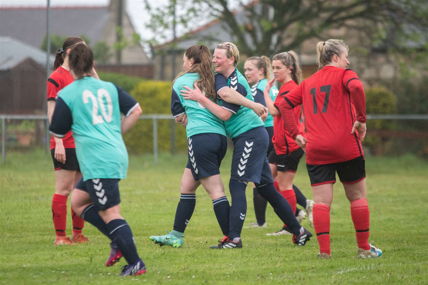 Buckie Ladies' Lori Lappin celebrates with team mates after scoring her second...Buckie Ladies FC (8) vs Brora Rangers Ladies FC (1) - SWF Highlands and Islands League - Gordon Park, Portgordon 14/05/2023...Picture: Daniel Forsyth..