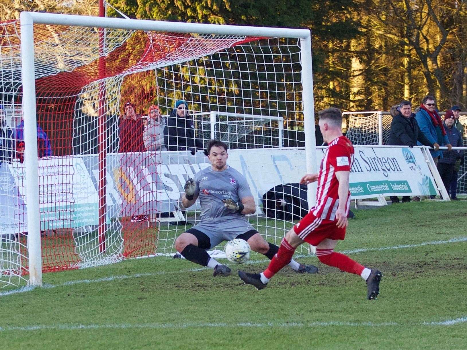 Aiden Combe sends home Formartine's fourth against Keith. Picture: Phil Harman