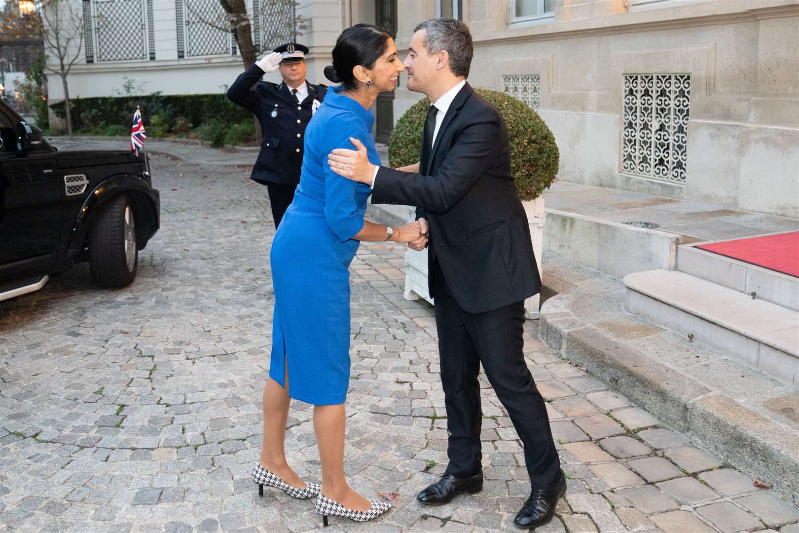 Home Secretary Suella Braverman is greeted by French Interior Minister Gerald Darmanin(Stefan Rousseau/PA)