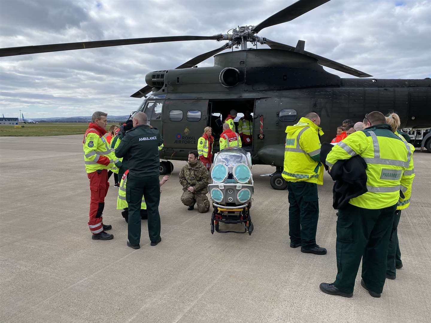 RAF Puma helicopter crews based at Kinloss Barracks supported the Scottish Ambulance Service with trials of the EpiShuttle medical isolation and transportation system as part of the Scottish Government’s coronavirus response.