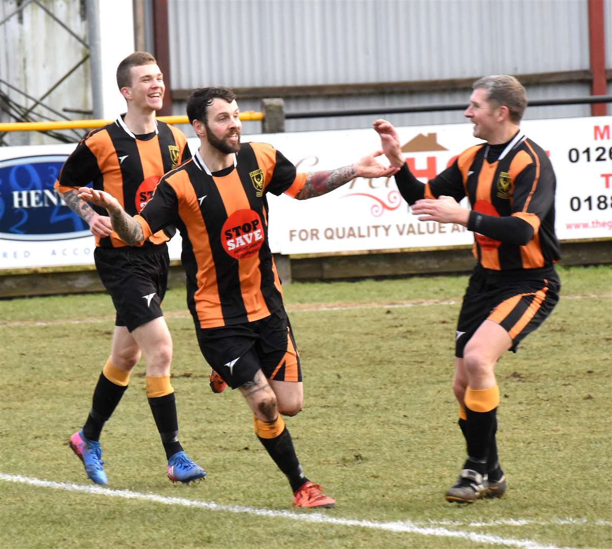 A Huntly goal celebration for Gary McGowan, who had four spells at the Christie Park club.