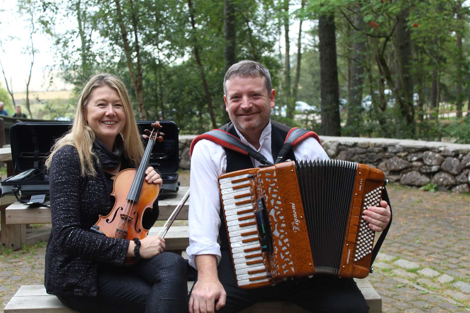 Sarah Beattie-Cook and Charlie Abel held alfresco recitals and songs to visitors along the Colony trail on Bennachie on Saturday. Picture: Griselda McGregor