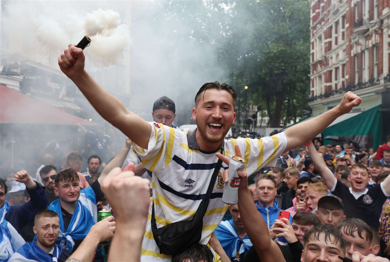 Scotland fans gather in Leicester Square before the Euro 2020 match between England and Scotland later tonight (Kieran Cleeves/PA)