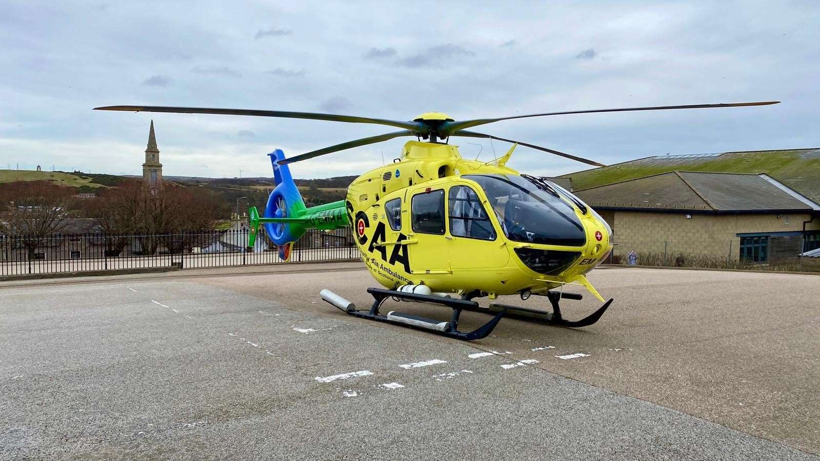 The Scottish Charity Air Ambulance's Helimed 79 landed within the grounds of Banff Primary School around midday on Thursday.
