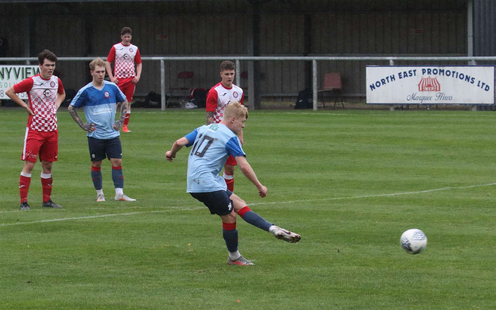 United's Tyler Mykyta fires a penalty at the Fyvie goal which as saved by the woodwork.