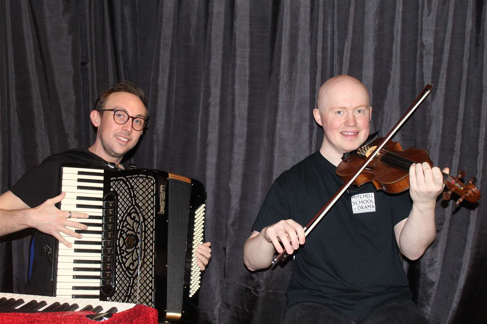 Musical duo Alisdair Sneden (left) and George Davidson provided the backing for the Christmas Entertainment shows at Garioch Heritage centre at the weekend. Picture: Griselda McGregor