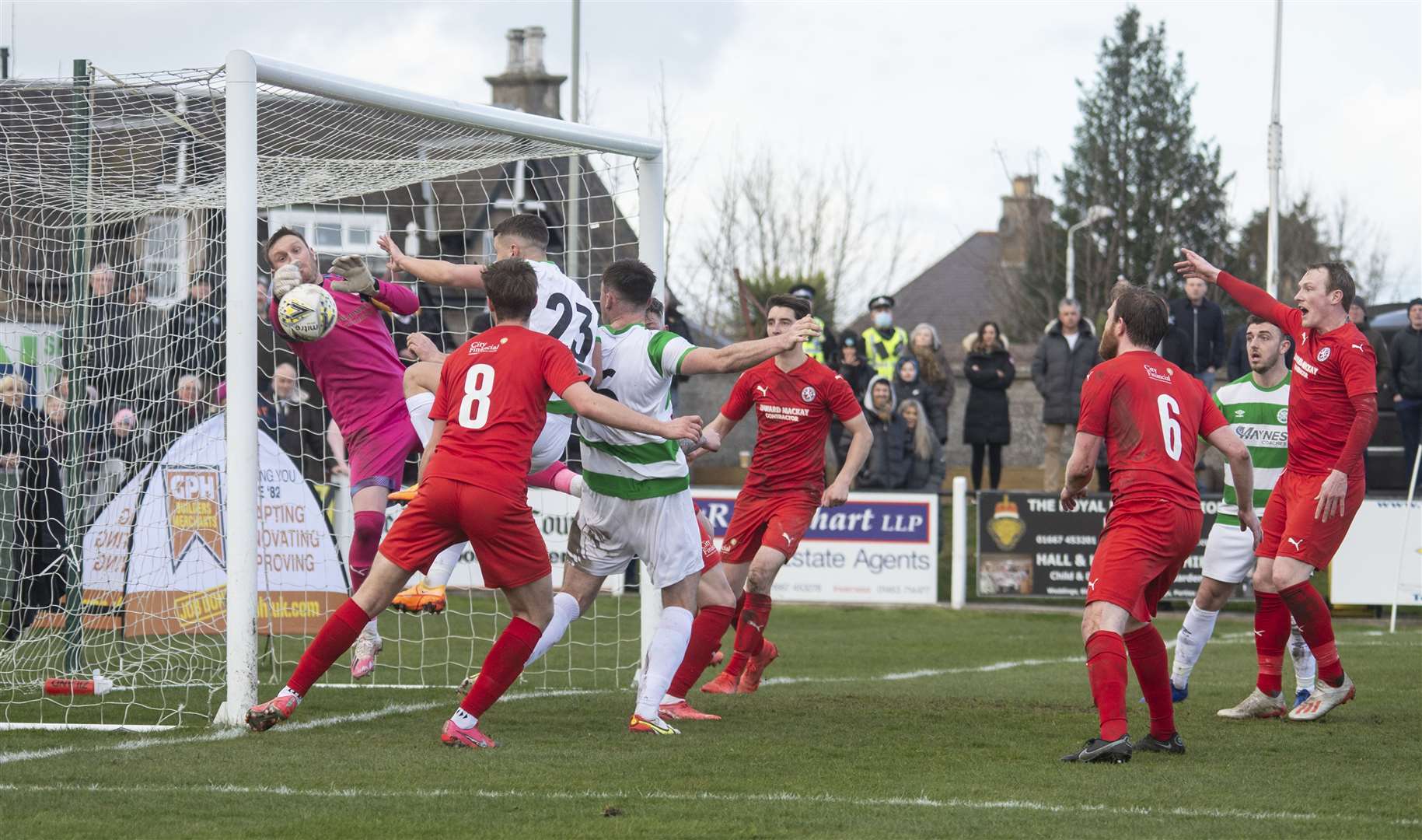 Brora goalkeeper Joe Malin makes a great save to deny Jack Murray's back post header with 10 minutes to go. Picture: Allan Robertson