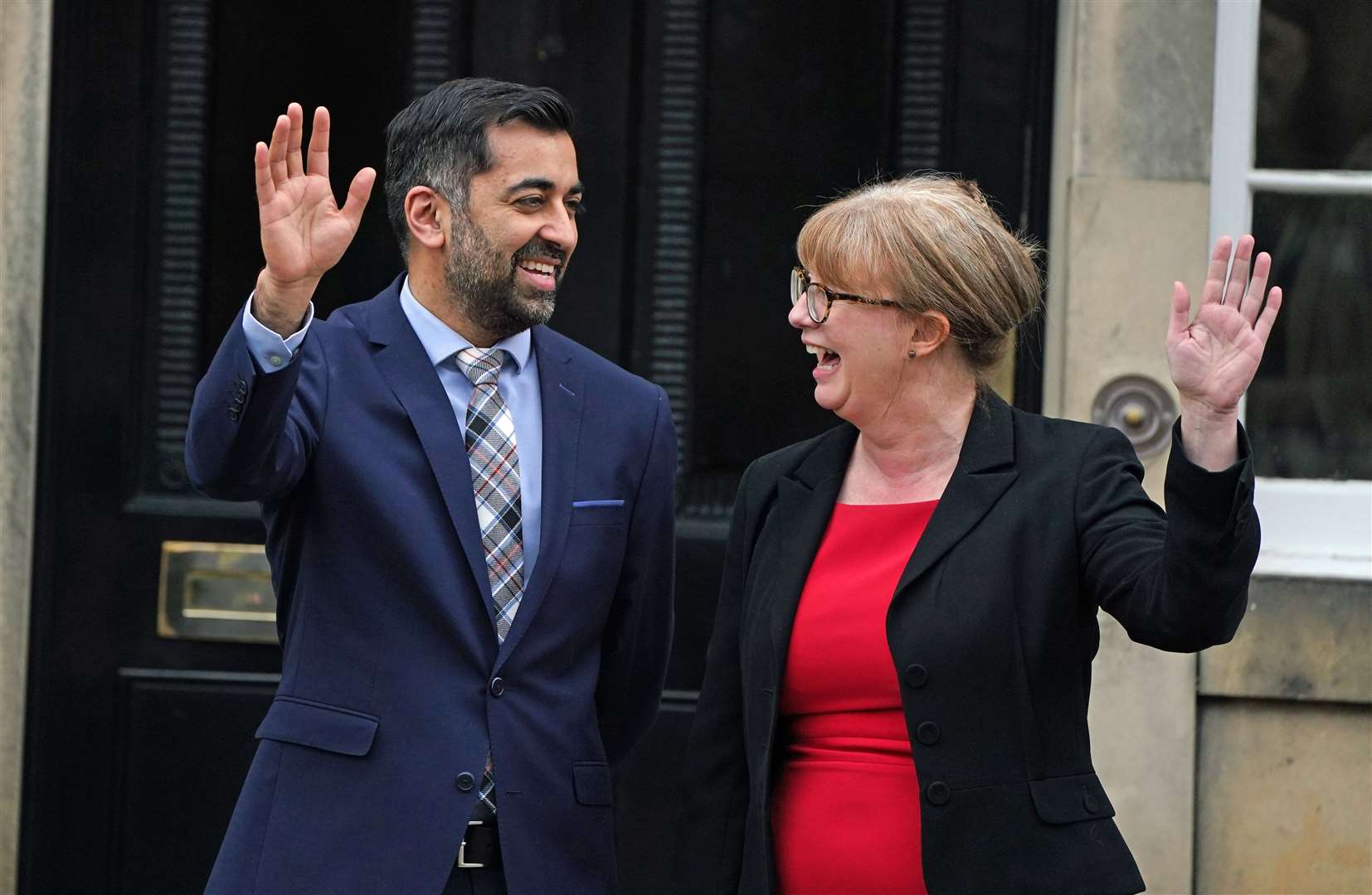 Humza Yousaf and Shona Robison on the steps of Bute House after their first Cabinet meeting (Andrew Milligan/PA)