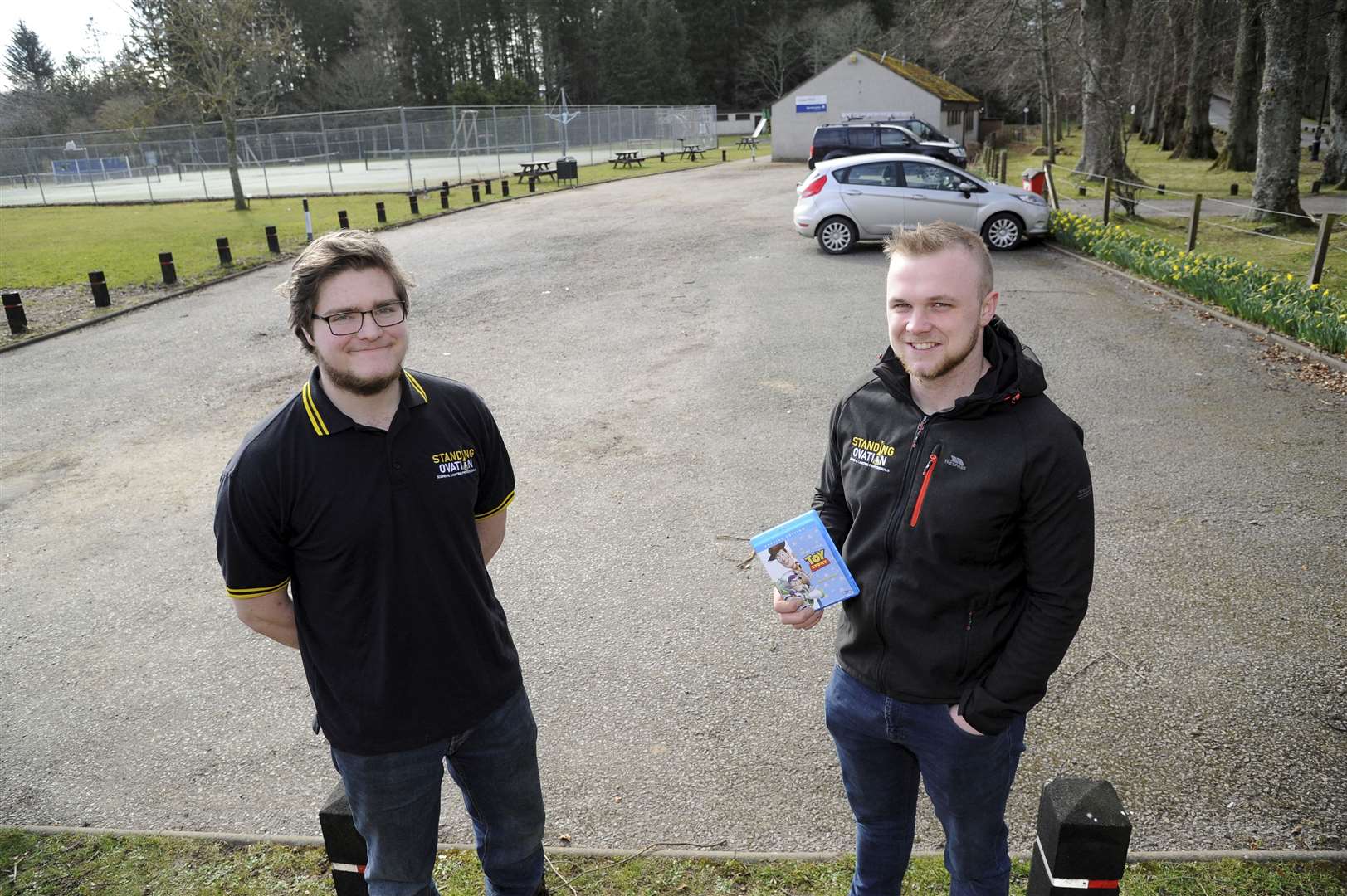 Drive-in film night at Cooper Park car park in Huntly. Organisers Brodie Murray (right) and Fergus Sharp. Picture: Eric Cormack