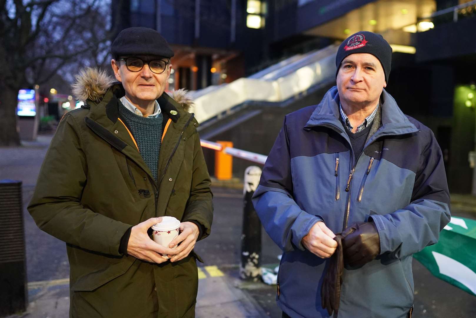 Mick Lynch, right, general secretary of the RMT, and assistant general secretary John Leach on the picket line outside Euston station in London (Stefan Rousseau/PA)