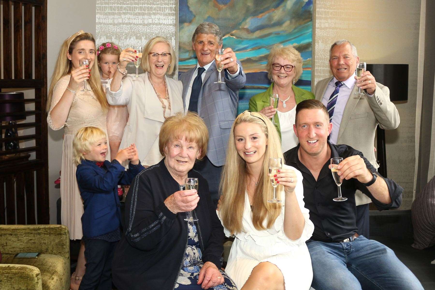 The family celebrate the 90th birthday of Mabel Butler and the surprise engagement of Hanna Lara Kay and Nick Blair. Picture: Andy Taylor