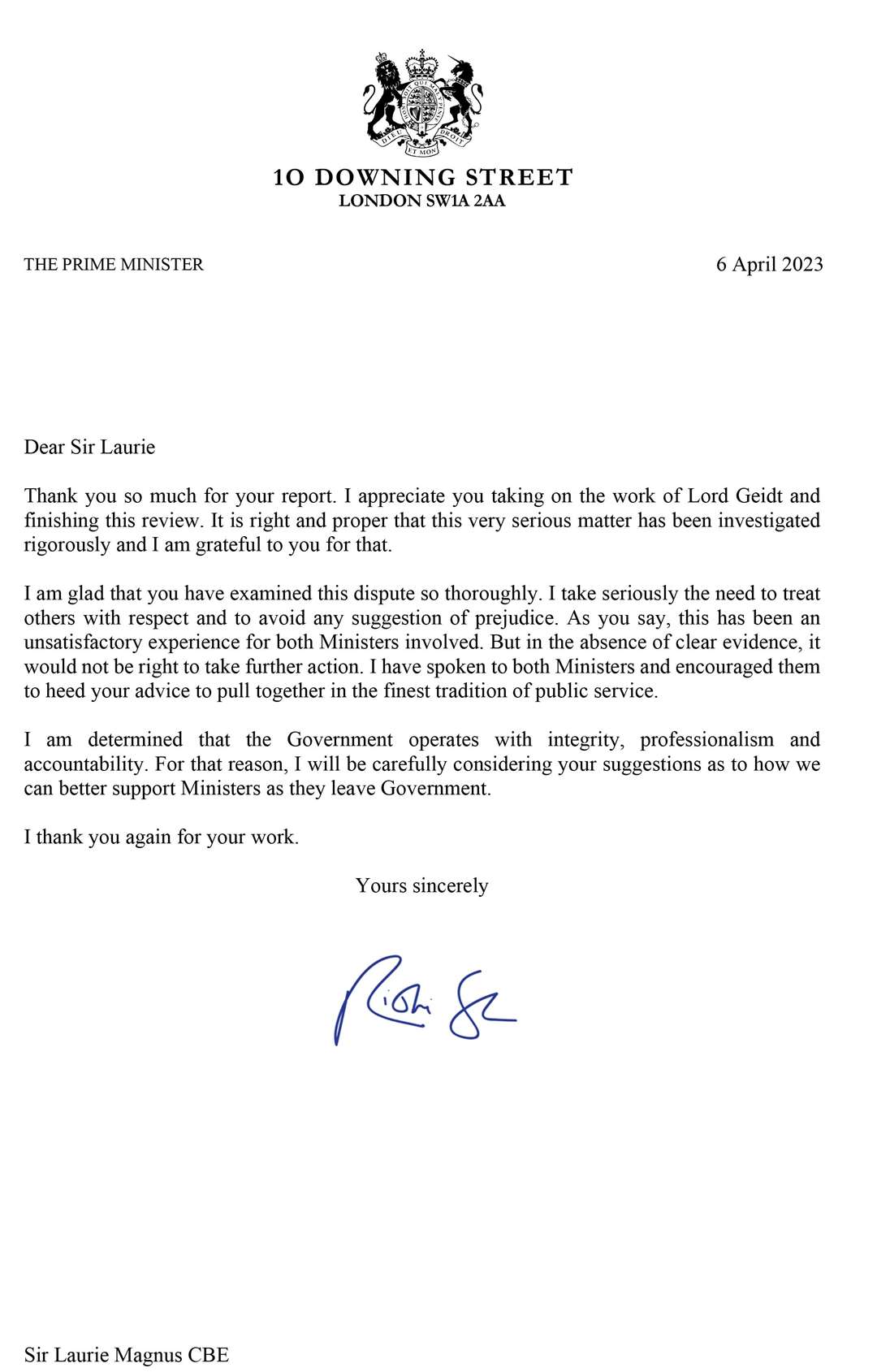 A letter from Prime Minister Rishi Sunak to Sir Laurie Magnus (10 Downing Street/PA)