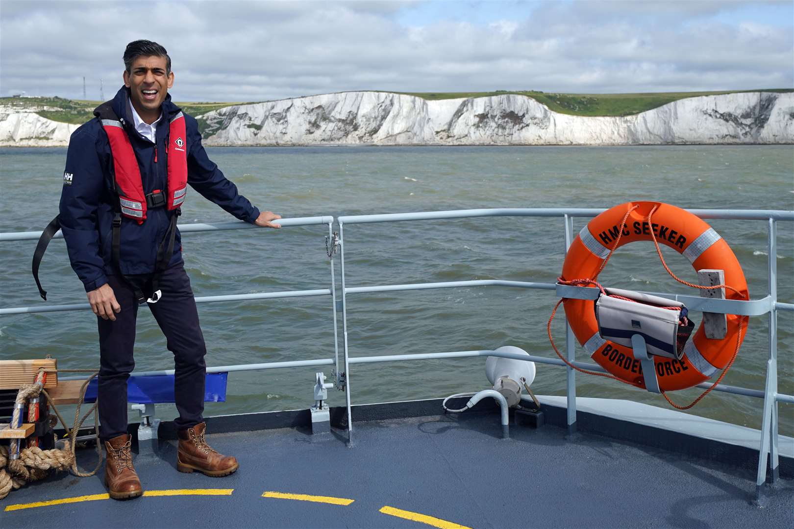 Prime Minister Rishi Sunak onboard Border Agency cutter HMC Seeker during a visit to Dover (Yui Mok/PA)