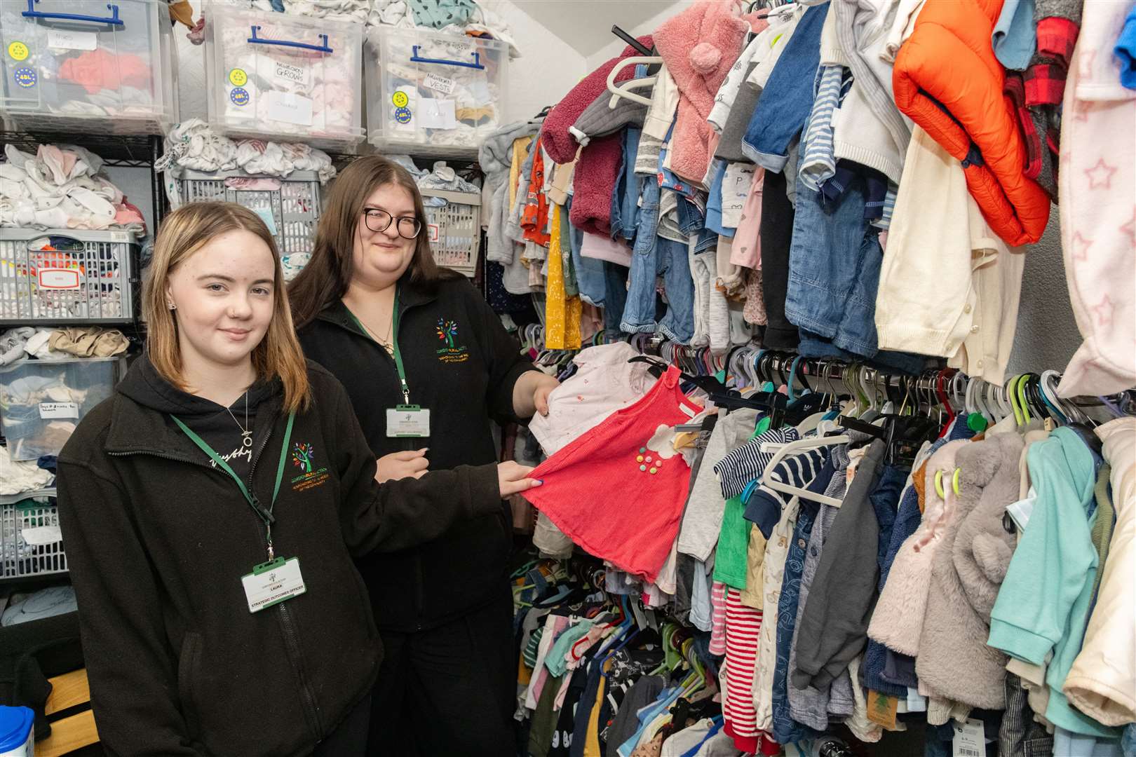 Gordon Rural Action volunteers Zoe Murray (left) and Ava Harper inside the baby bank which is set to be redeveloped...Picture: Beth Taylor.