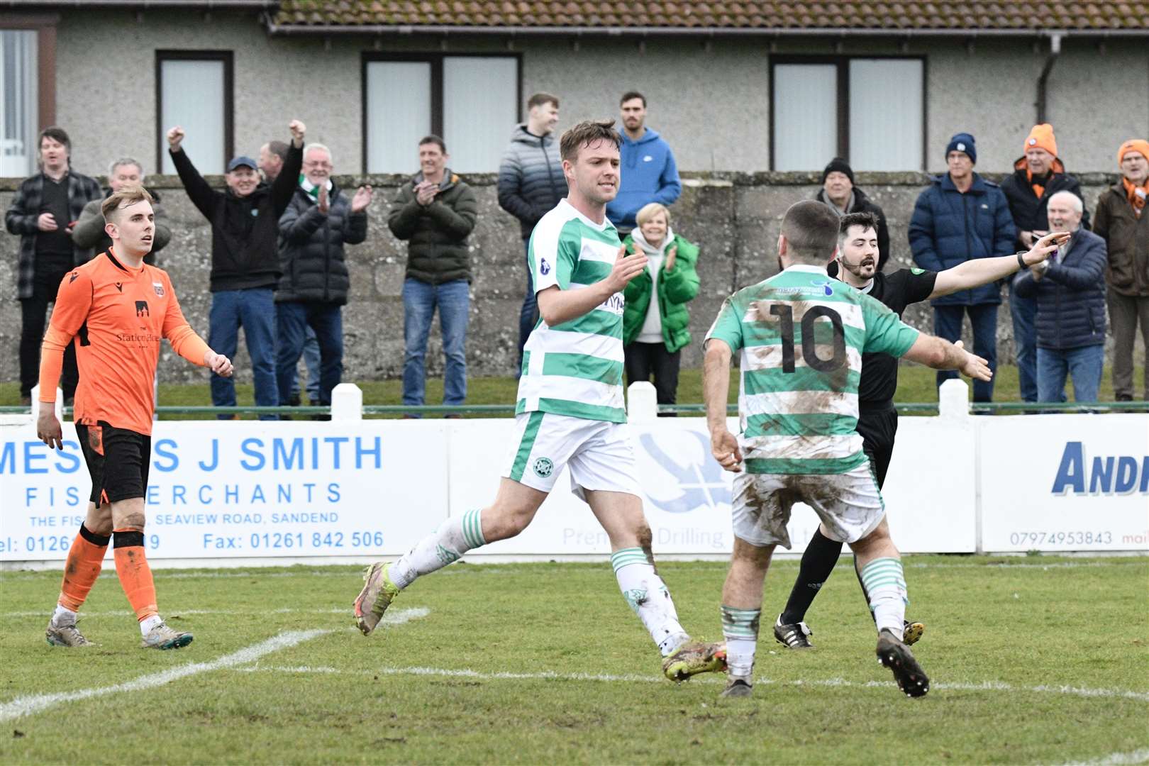 Josh Peters celebrates after leveling the scores for Bucky Thistle against the Rothes.  Photo: Daniel Forsyth