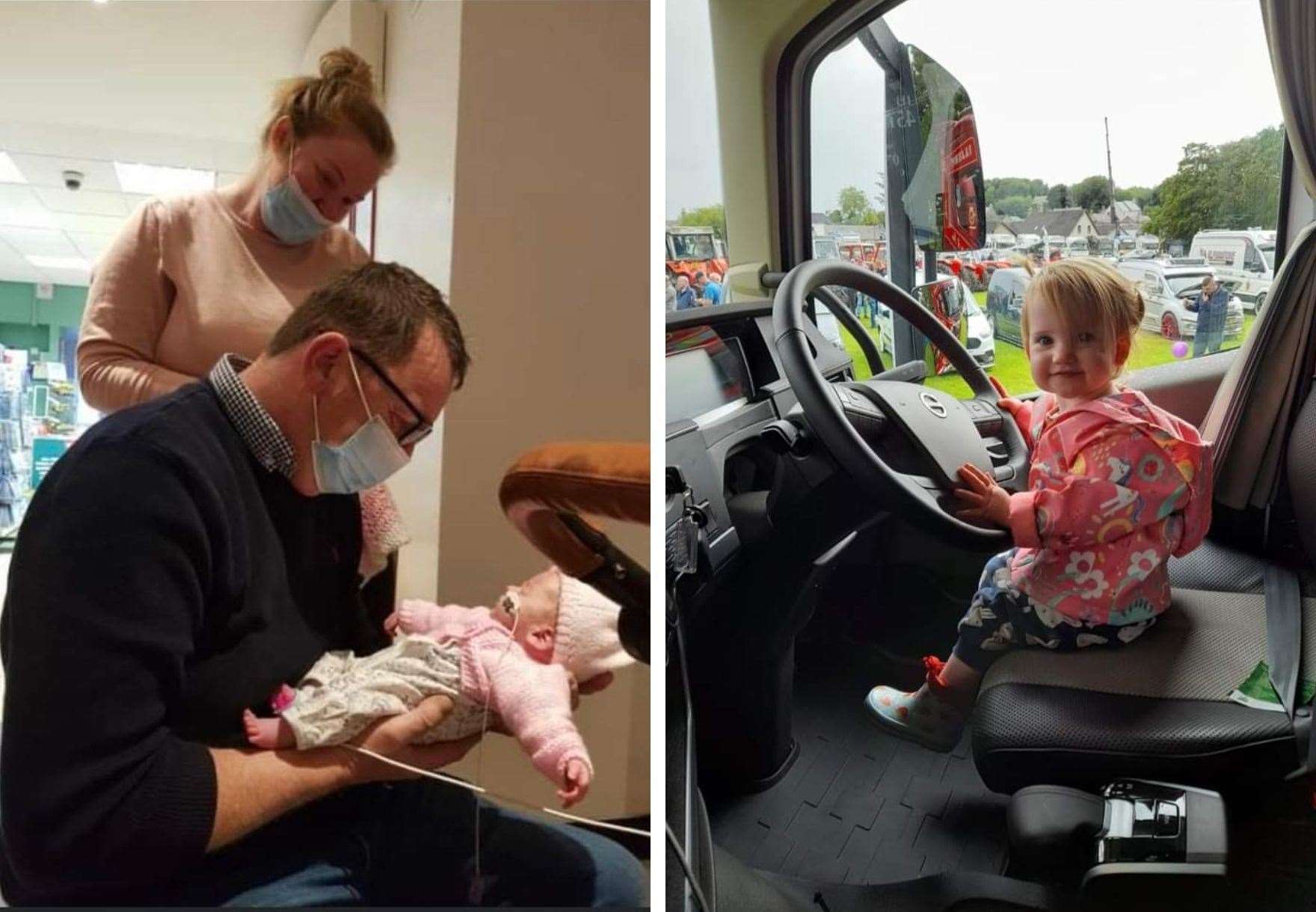 Right: Baby Rosie with her mother Shelly and grandfather Charley. Right: Rosie at the wheel of the truck