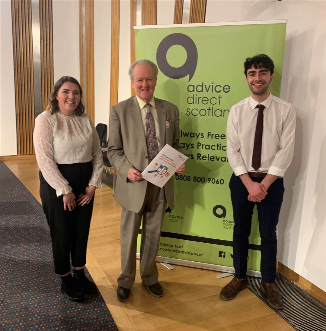 Social Media co-ordinator at Advice.scot, Eilidh Deeney with MSP Stewart Stevenson and marketing manager at Advice.scot, Connor Forbes.