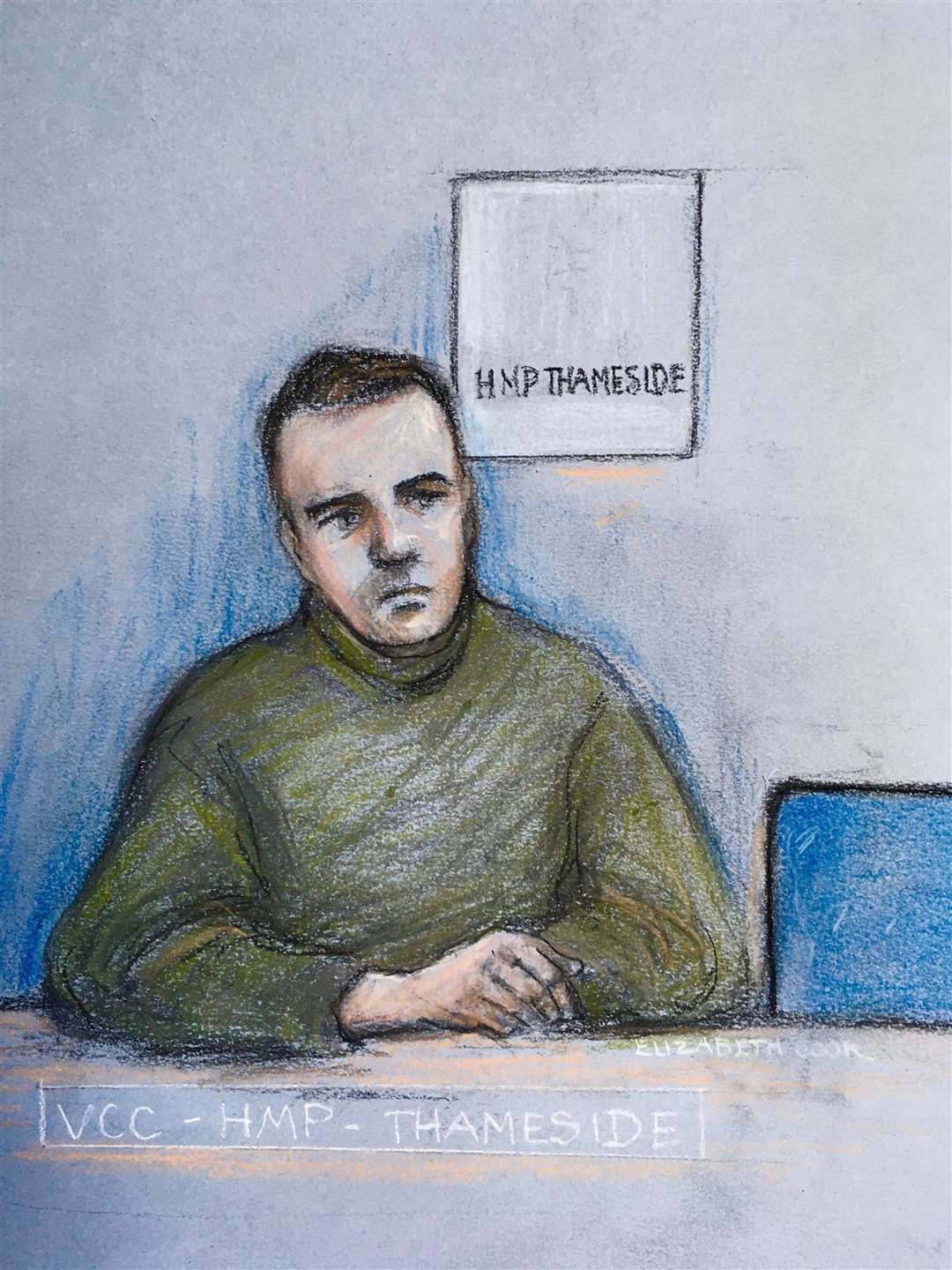 Court artist sketch by Elizabeth Cook of Jordan McSweeney, 29, appearing by video link from HMP Thameside during a hearing at the Old Bailey (Elizabeth Cook/PA)