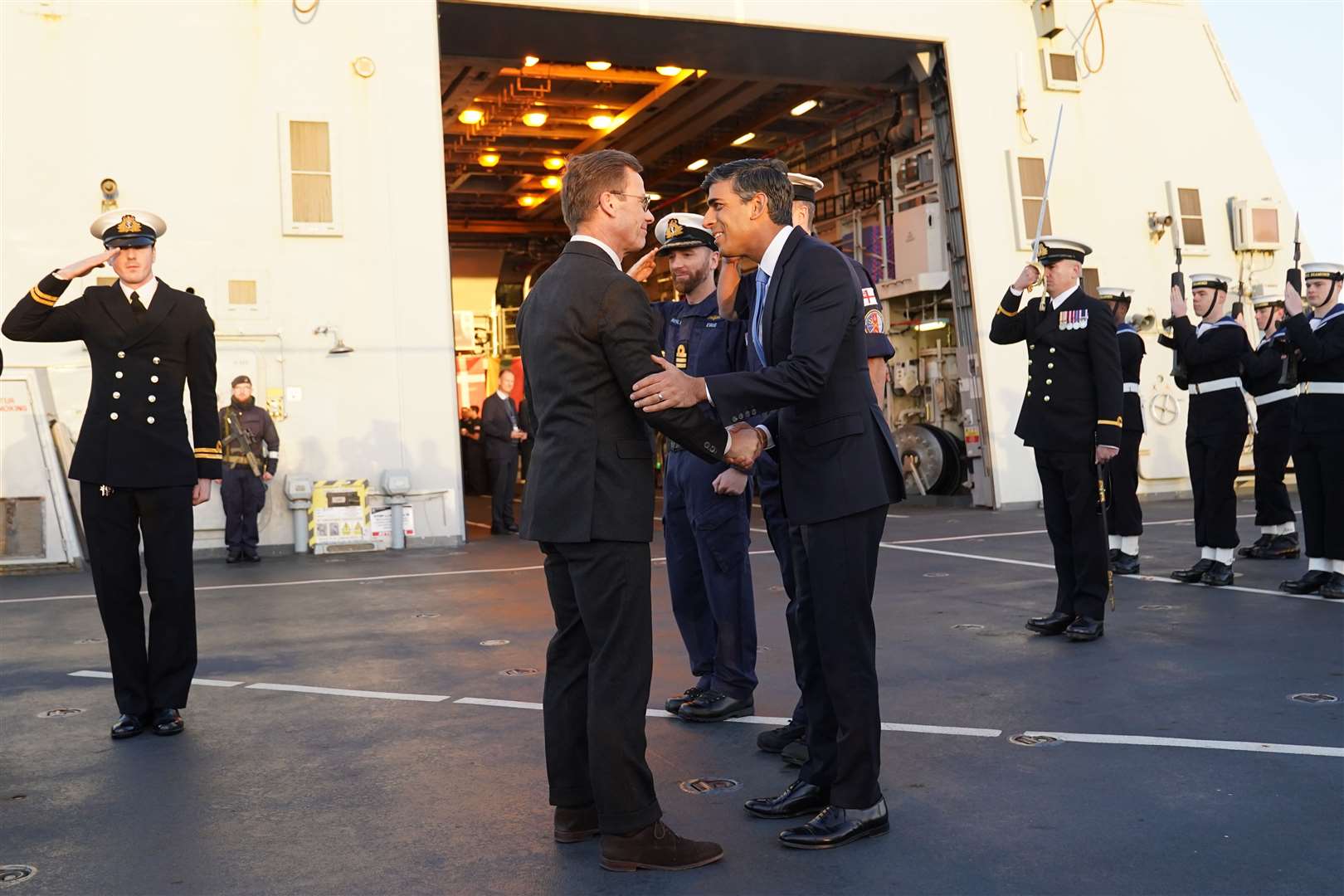 Prime Minister Rishi Sunak welcomes Ulf Kristersson, Prime Minister of Sweden, on board HMS Diamond (Stefan Rousseau/PA)