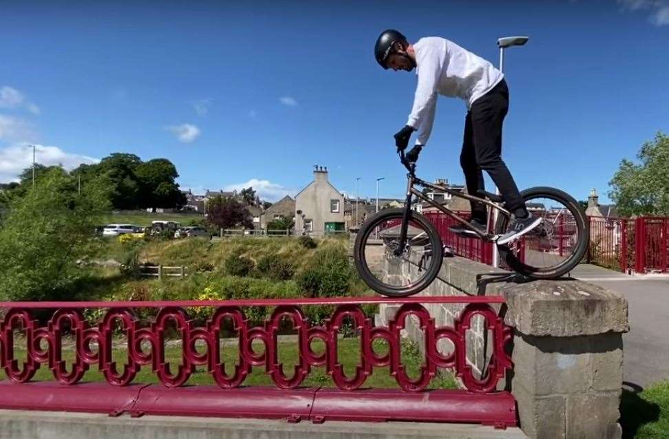 Cyclist Danny MacAskill and friends took on various spots in Elgin at the weekend – here at Cooper Park.