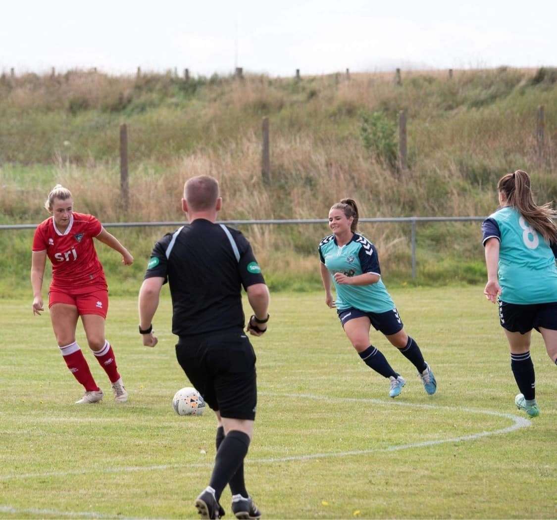 Buckie Ladies' Alena Gardiner powers forward with the ball against Dunfermline. Picture: Steve Milne
