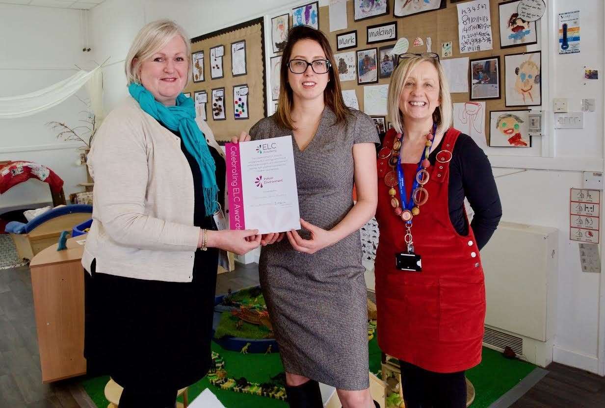 Celebrate ELC's Judith Simpson presented the award to Claire Rennie and Joyce Murray from Pitmedden Nursery. Picture: Phil Harman