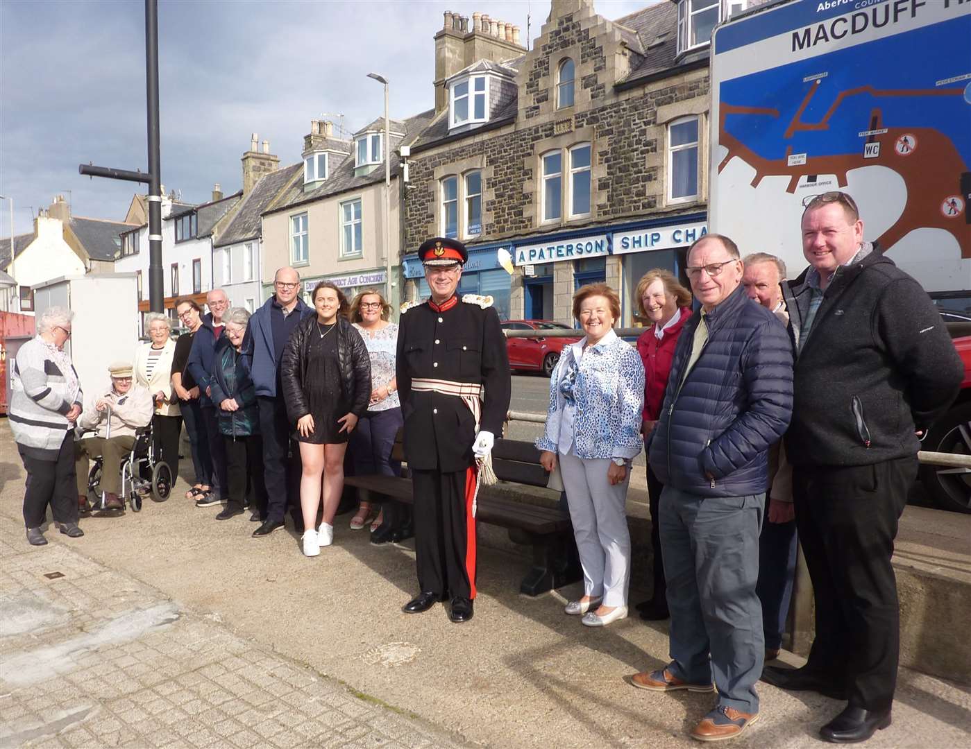 Andrew Simpson, Lord Lieutenant of Banffshire, with members of the Macduff community for the benches' unveiling last week.